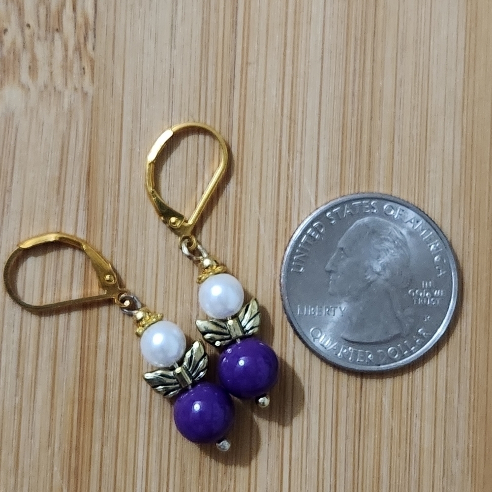 Hand Crafted Gold and Purple Beaded Earrings Pierced Dangle Angel